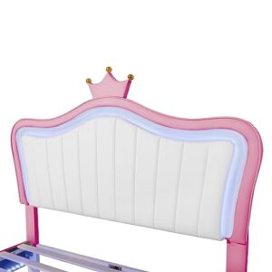 YSWH Full Size Upholstered Princess Bed, Platform Bed Frame with Adjustable Crown Shaped Headboard and LED Lights, Fun Cute Bed Princess Bed for Kids, Bedroom Furniture Upholstered Bed (White + Pink)