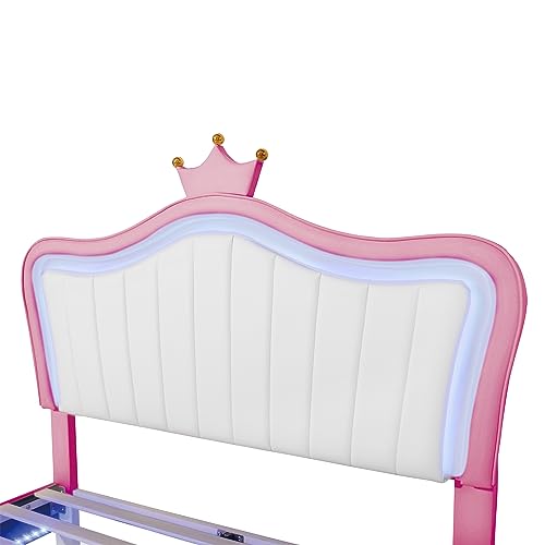 YSWH Full Size Upholstered Princess Bed, Platform Bed Frame with Adjustable Crown Shaped Headboard and LED Lights, Fun Cute Bed Princess Bed for Kids, Bedroom Furniture Upholstered Bed (White + Pink)