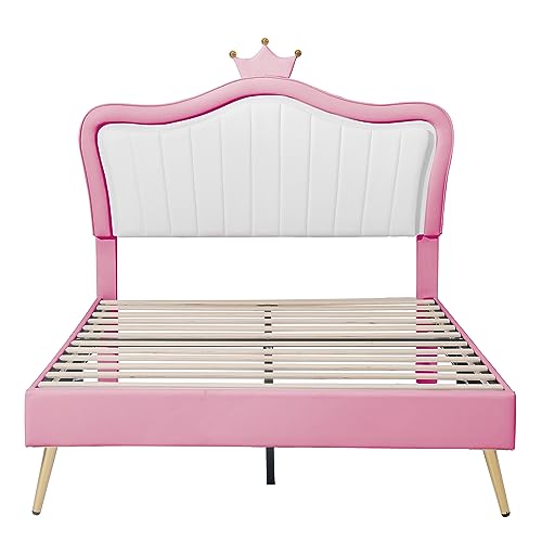 YSWH Full Size Upholstered Princess Bed, Platform Bed Frame with Adjustable Crown Shaped Headboard and LED Lights, Fun Cute Bed Princess Bed for Kids, Bedroom Furniture Upholstered Bed (White + Pink)