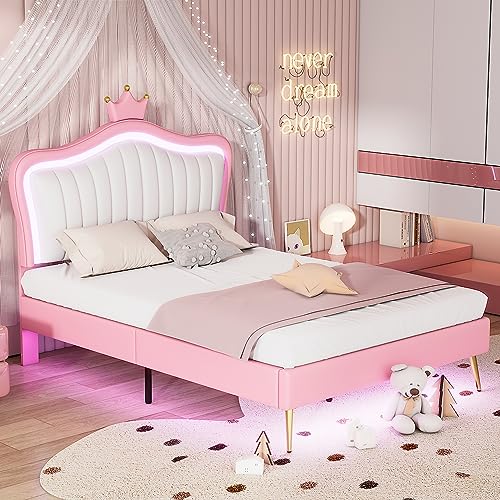 YSWH Full Size Upholstered Princess Bed, Platform Bed Frame with Adjustable Crown Shaped Headboard and LED Lights, Fun Cute Bed Princess Bed for Kids, Bedroom Furniture Upholstered Bed (White + Pink)