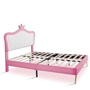 YSWH Full Size Upholstered Princess Bed, Platform Bed Frame with Adjustable Crown Shaped Headboard and LED Lights, Fun Cute Bed Princess Bed for Kids, Bedroom Furniture Upholstered Bed (White + Pink)