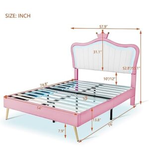 YSWH Full Size Upholstered Princess Bed, Platform Bed Frame with Adjustable Crown Shaped Headboard and LED Lights, Fun Cute Bed Princess Bed for Kids, Bedroom Furniture Upholstered Bed (White + Pink)