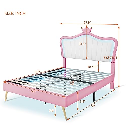 YSWH Full Size Upholstered Princess Bed, Platform Bed Frame with Adjustable Crown Shaped Headboard and LED Lights, Fun Cute Bed Princess Bed for Kids, Bedroom Furniture Upholstered Bed (White + Pink)