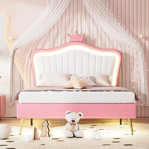 YSWH Full Size Upholstered Princess Bed, Platform Bed Frame with Adjustable Crown Shaped Headboard and LED Lights, Fun Cute Bed Princess Bed for Kids, Bedroom Furniture Upholstered Bed (White + Pink)