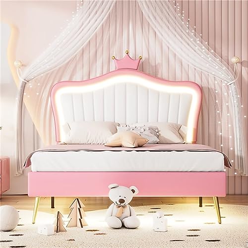 TURRIDU Full Size Bed Frame, PU Leather Upholstered Platform Bed with LED Lights and Crown Headboard, Luxury Upholstered Bed for Boys Girls, White+Pink