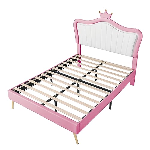 Upholstered Princess Bed Platform Bed, Full Size Fun Cute Bed Frame with Adjustable Crown Shaped Headboard and LED Lights, Kids Bedroom Furniture Princess Bed Upholstered Bed (White + Pink)