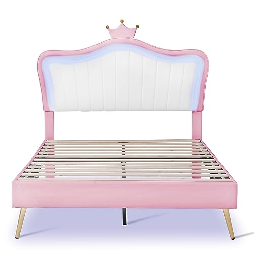 Upholstered Princess Bed Platform Bed, Full Size Fun Cute Bed Frame with Adjustable Crown Shaped Headboard and LED Lights, Kids Bedroom Furniture Princess Bed Upholstered Bed (White + Pink)