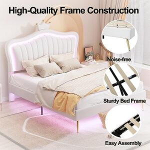 Upholstered Princess Bed Platform Bed, Queen Size Fun Cute Bed Frame with Adjustable Crown Shaped Headboard and LED Lights, Kids Bedroom Furniture Princess Bed Upholstered Bed (White)