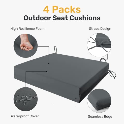 UNIKOME Outdoor Chair Cushions Pack of 4, Water Resistant Patio Cushions with Ties, High Density Sponge Filling Square Corner Seat Cushions for Outdoor Furniture, 18.5"x16"x3", Dark Grey