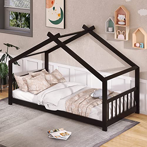 DEYOBED Twin House Bed for Kids - Wood Montessori Design with Headboard, Footboard - Espresso Finish, No Box Spring Needed