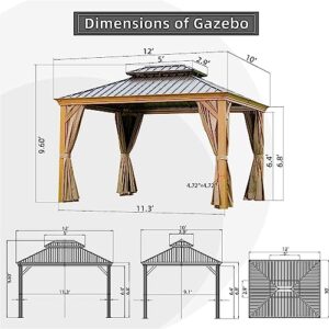 10'x12' Hardtop Gazebo, Wooden Coated Aluminum Frame Canopy with Galvanized Steel Double Roof, Outdoor Permanent Metal Pavilion with Curtains and Netting for Patio, Deck and Lawn(Wood-Looking)