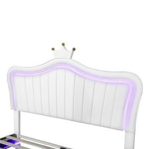 YSWH Queen Size Upholstered Princess Bed, Platform Bed Frame with Adjustable Crown Shaped Headboard and LED Lights, Fun Cute Bed Princess Bed for Kids, Bedroom Furniture Upholstered Bed (White)