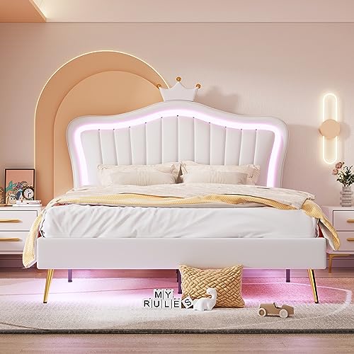 YSWH Queen Size Upholstered Princess Bed, Platform Bed Frame with Adjustable Crown Shaped Headboard and LED Lights, Fun Cute Bed Princess Bed for Kids, Bedroom Furniture Upholstered Bed (White)
