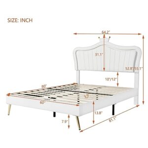 YSWH Queen Size Upholstered Princess Bed, Platform Bed Frame with Adjustable Crown Shaped Headboard and LED Lights, Fun Cute Bed Princess Bed for Kids, Bedroom Furniture Upholstered Bed (White)