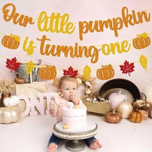 Our Little Pumpkin is turning One Banner 1st Birthday Banner Happy First Birthday Decoration Pumpkin 1s Bday Decor Fall Autumn Thanksgiving Party Event Backdrop Celebration Gold Glitter Supplies for Boys Girls Baby Shower 1st Birthday Party