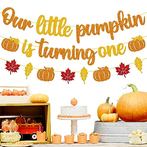 Our Little Pumpkin is turning One Banner 1st Birthday Banner Happy First Birthday Decoration Pumpkin 1s Bday Decor Fall Autumn Thanksgiving Party Event Backdrop Celebration Gold Glitter Supplies for Boys Girls Baby Shower 1st Birthday Party