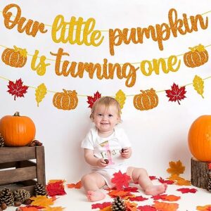 Our Little Pumpkin is turning One Banner 1st Birthday Banner Happy First Birthday Decoration Pumpkin 1s Bday Decor Fall Autumn Thanksgiving Party Event Backdrop Celebration Gold Glitter Supplies for Boys Girls Baby Shower 1st Birthday Party