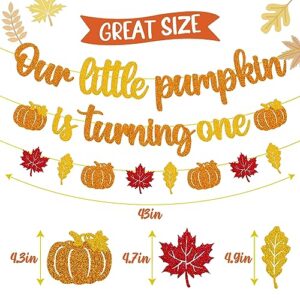 Our Little Pumpkin is turning One Banner 1st Birthday Banner Happy First Birthday Decoration Pumpkin 1s Bday Decor Fall Autumn Thanksgiving Party Event Backdrop Celebration Gold Glitter Supplies for Boys Girls Baby Shower 1st Birthday Party