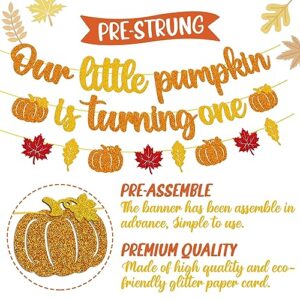 Our Little Pumpkin is turning One Banner 1st Birthday Banner Happy First Birthday Decoration Pumpkin 1s Bday Decor Fall Autumn Thanksgiving Party Event Backdrop Celebration Gold Glitter Supplies for Boys Girls Baby Shower 1st Birthday Party