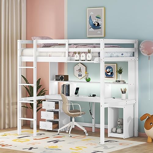 CITYLIGHT Twin Loft Bed with Desk,Wood Twin Size Loft Bed with Storage Shelves,Drawers and Cabinet, Loft Bed Twin with Charging Station,LED Light and Bedside Tray for Kids Boys Girls,White