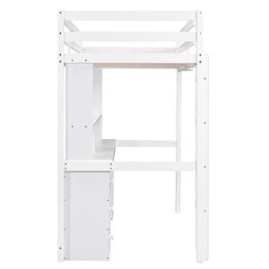 CITYLIGHT Twin Loft Bed with Desk,Wood Twin Size Loft Bed with Storage Shelves,Drawers and Cabinet, Loft Bed Twin with Charging Station,LED Light and Bedside Tray for Kids Boys Girls,White
