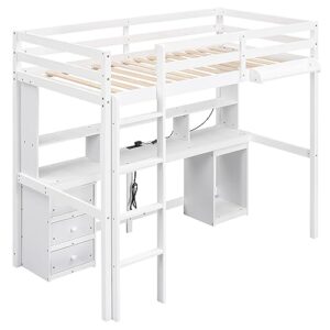 CITYLIGHT Twin Loft Bed with Desk,Wood Twin Size Loft Bed with Storage Shelves,Drawers and Cabinet, Loft Bed Twin with Charging Station,LED Light and Bedside Tray for Kids Boys Girls,White