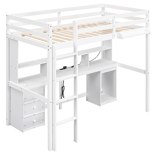 CITYLIGHT Twin Loft Bed with Desk,Wood Twin Size Loft Bed with Storage Shelves,Drawers and Cabinet, Loft Bed Twin with Charging Station,LED Light and Bedside Tray for Kids Boys Girls,White