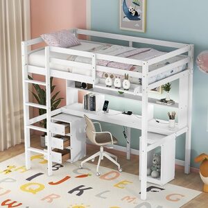 CITYLIGHT Twin Loft Bed with Desk,Wood Twin Size Loft Bed with Storage Shelves,Drawers and Cabinet, Loft Bed Twin with Charging Station,LED Light and Bedside Tray for Kids Boys Girls,White