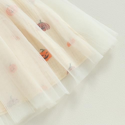 Toddler Baby Girl Halloween Outfit Cotton Linen Sleeveless Pumpkin Print Smocked Strap Tulle Tutu A-line Dress (3-4T,Beige)