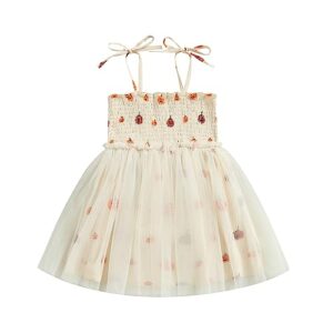 toddler baby girl halloween outfit cotton linen sleeveless pumpkin print smocked strap tulle tutu a-line dress (3-4t,beige)
