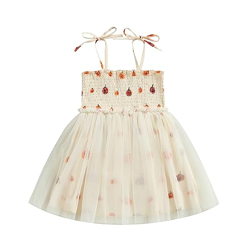 Toddler Baby Girl Halloween Outfit Cotton Linen Sleeveless Pumpkin Print Smocked Strap Tulle Tutu A-line Dress (3-4T,Beige)