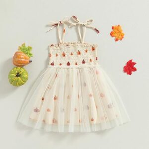 Toddler Baby Girl Halloween Outfit Cotton Linen Sleeveless Pumpkin Print Smocked Strap Tulle Tutu A-line Dress (3-4T,Beige)