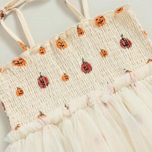 Toddler Baby Girl Halloween Outfit Cotton Linen Sleeveless Pumpkin Print Smocked Strap Tulle Tutu A-line Dress (3-4T,Beige)