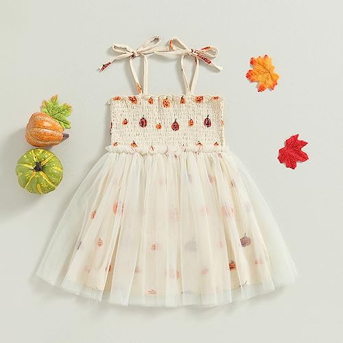 Toddler Baby Girl Halloween Outfit Cotton Linen Sleeveless Pumpkin Print Smocked Strap Tulle Tutu A-line Dress (3-4T,Beige)