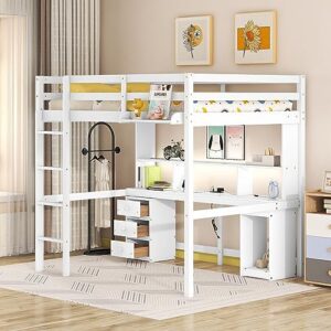 citylight full loft bed with desk,wood full size loft bed with storage shelves,drawers and cabinet, loft bed full with charging station,led light and bedside tray for kids boys girls,white