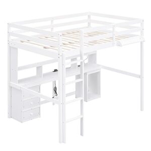 CITYLIGHT Full Loft Bed with Desk,Wood Full Size Loft Bed with Storage Shelves,Drawers and Cabinet, Loft Bed Full with Charging Station,LED Light and Bedside Tray for Kids Boys Girls,White