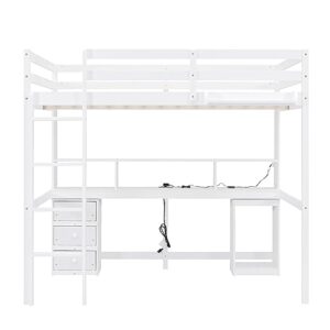 CITYLIGHT Full Loft Bed with Desk,Wood Full Size Loft Bed with Storage Shelves,Drawers and Cabinet, Loft Bed Full with Charging Station,LED Light and Bedside Tray for Kids Boys Girls,White