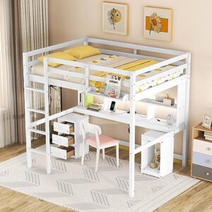 CITYLIGHT Full Loft Bed with Desk,Wood Full Size Loft Bed with Storage Shelves,Drawers and Cabinet, Loft Bed Full with Charging Station,LED Light and Bedside Tray for Kids Boys Girls,White