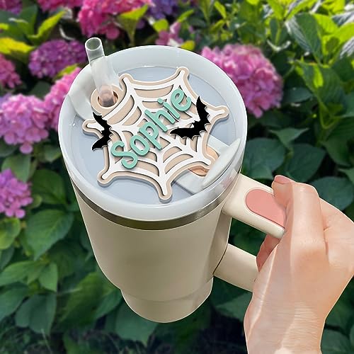 64oz, 40oz, 30oz, 20oz Tumbler Personalized Name Tag, Spider Web Halloween Tag, Halloween Name Tags, Acrylic 3D, Personalized Name Tag for Tumbler Lid, Name for Tumbler Lid, Tumbler Cup Accessories