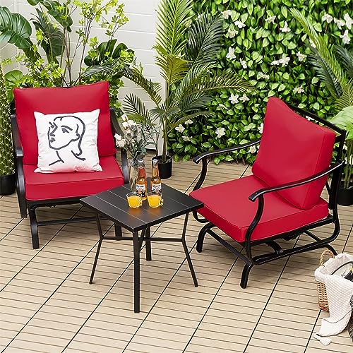 KUJYBG 3PCS Patio Rocking Bistro Set Cushioned Chair Armrest Side Table Red