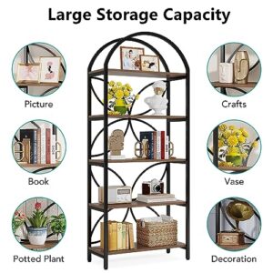 Tribesigns 5-Tier Open Bookshelf, 75 Inch Tall Arched Bookcase Shelf Storage Organizer, Industrial Book Rack with Metal Frame, Standing Display Rack for Bedroom, Living Room, Home Office, Brown