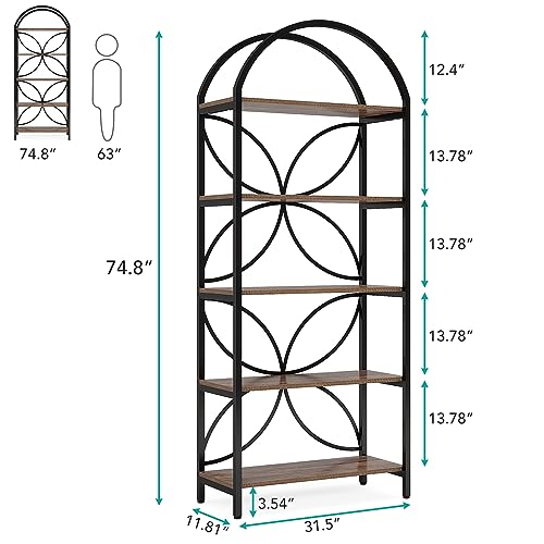 Tribesigns 5-Tier Open Bookshelf, 75 Inch Tall Arched Bookcase Shelf Storage Organizer, Industrial Book Rack with Metal Frame, Standing Display Rack for Bedroom, Living Room, Home Office, Brown