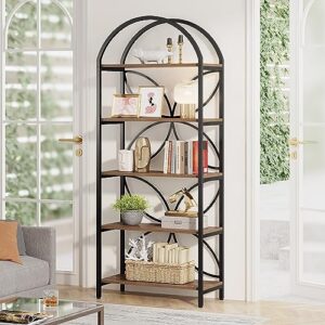 Tribesigns 5-Tier Open Bookshelf, 75 Inch Tall Arched Bookcase Shelf Storage Organizer, Industrial Book Rack with Metal Frame, Standing Display Rack for Bedroom, Living Room, Home Office, Brown