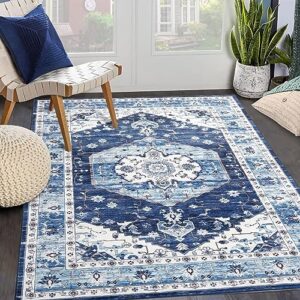 cozyloom ultra-thin washable rug 5x7 non-slip rug indoor medallion distressed floor carpet for living room bedroom oriental floral throw carpet non-shedding foldable low pile floor cover blue