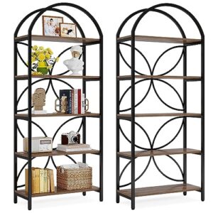 tribesigns 5-tier bookshelf set of 2, tall arched bookcase shelf storage organizer, industrial book rack with metal frame, standing display rack for bedroom, living room, home office, brown