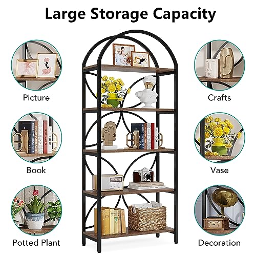 Tribesigns 5-Tier Bookshelf Set of 2, Tall Arched Bookcase Shelf Storage Organizer, Industrial Book Rack with Metal Frame, Standing Display Rack for Bedroom, Living Room, Home Office, Brown