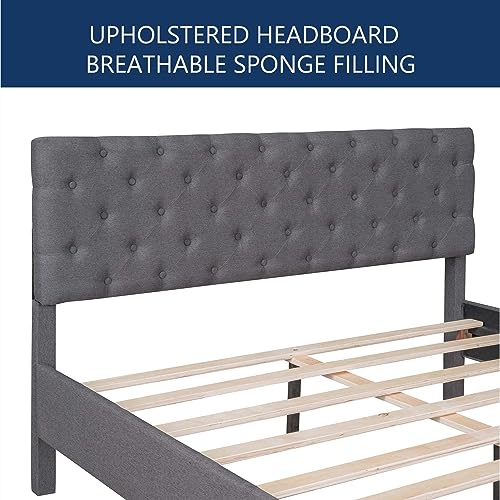 Queen Size Linen Platform Bed Frame with Upholstered Headboard, Modern Elegant Platform Bed with Strong Wood Slats Support & Easy Assemble for Bedroom Girls, No Box Spring Needed (Queen, Gray)