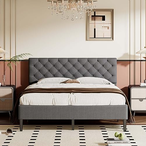 Queen Size Linen Platform Bed Frame with Upholstered Headboard, Modern Elegant Platform Bed with Strong Wood Slats Support & Easy Assemble for Bedroom Girls, No Box Spring Needed (Queen, Gray)