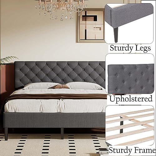 Queen Size Linen Platform Bed Frame with Upholstered Headboard, Modern Elegant Platform Bed with Strong Wood Slats Support & Easy Assemble for Bedroom Girls, No Box Spring Needed (Queen, Gray)