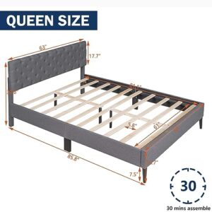 Queen Size Linen Platform Bed Frame with Upholstered Headboard, Modern Elegant Platform Bed with Strong Wood Slats Support & Easy Assemble for Bedroom Girls, No Box Spring Needed (Queen, Gray)